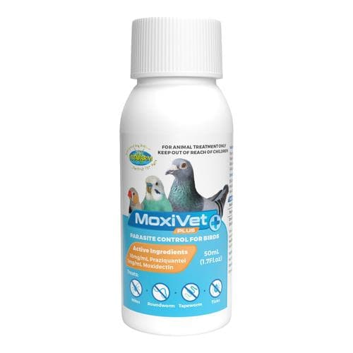 Now introducing MoxiVet Plus, the complete wormer and parasite control liquid for pigeons, canaries, finches, backyard/show chickens, and all other pet birds. MoxiVet Plus kills an