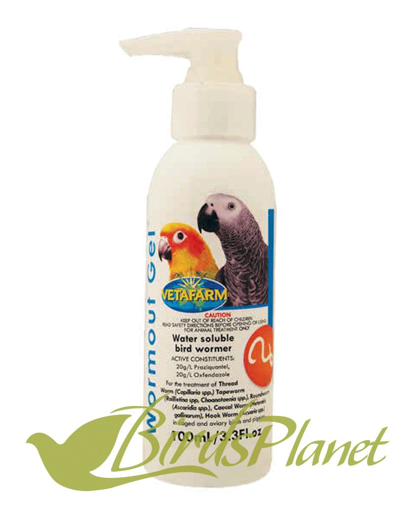 Wormout Gel (Treatment of Thread Worm) 

 Water soluble bird wormer
For the treatment of Thread Worm (Capillaria spp.) Tapeworm (Raillietina spp, Choanotaenia spp.), Roundworm (Asc