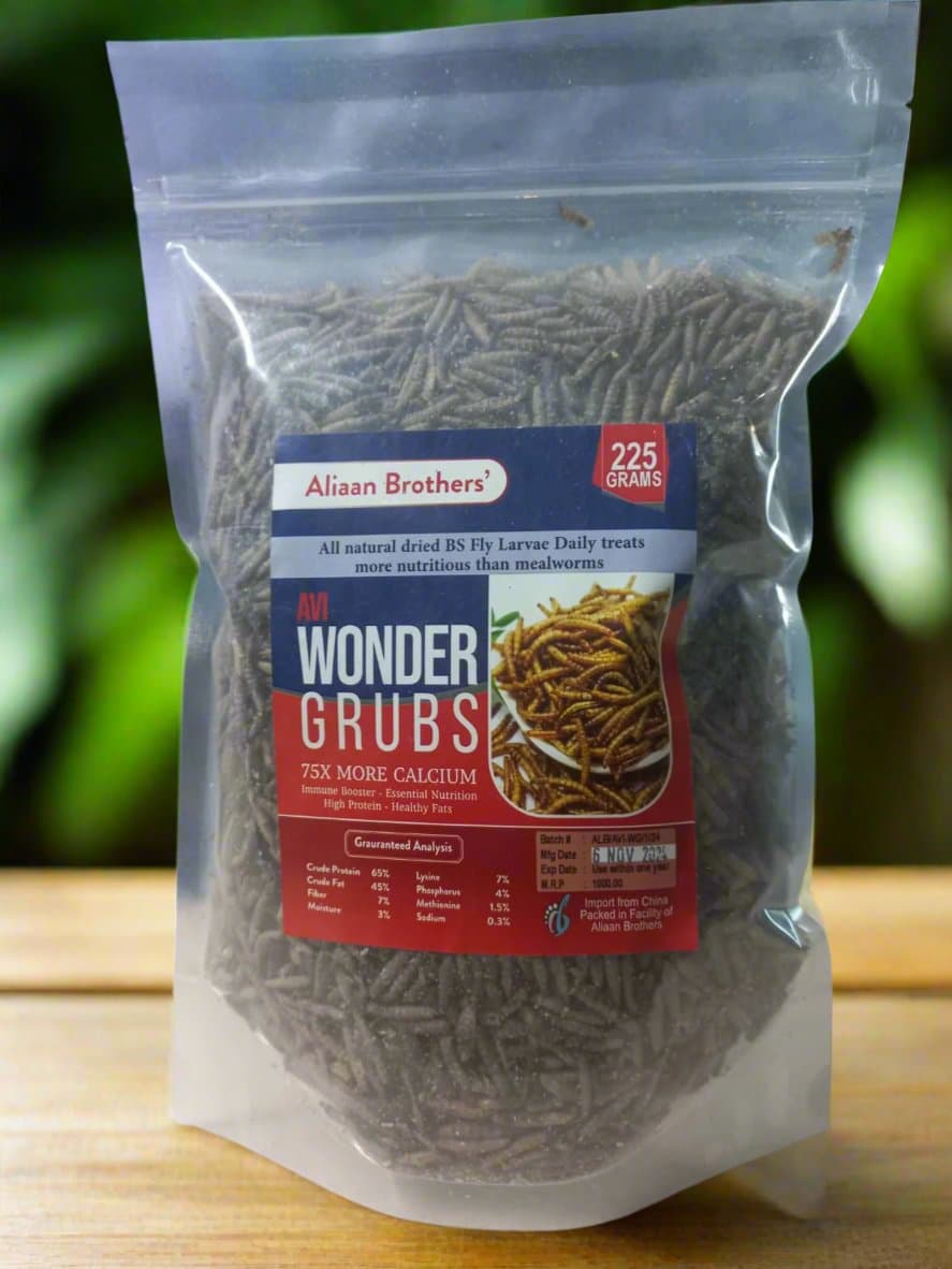 Avi Wonder Grubs (Meal Worms 250g) 

 Description: Dried BS fly larvae are highly nutritious for birds and are often considered superior to mealworms due to their nutritional profi
