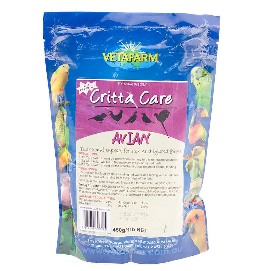 Avian Critta Care provides nutritional support for sick and injured birds. 

 This powdered emergency food is ideal for aiding the recovery of sick or injured birds. Critta Care Av