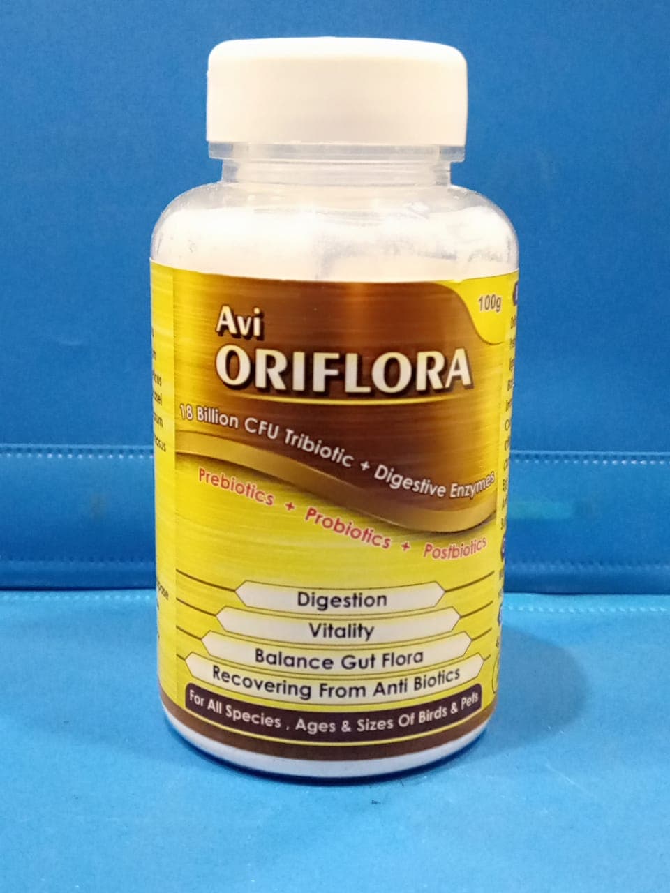 Benefits: 

 Oriflora Is A Potent Blend Of Carefully Selected Prebiotics, Probiotics, Postbiotics Bacteria Digestive Enzymes. Formulated For All kind ofBirds & Pets. 

 This Everyd
