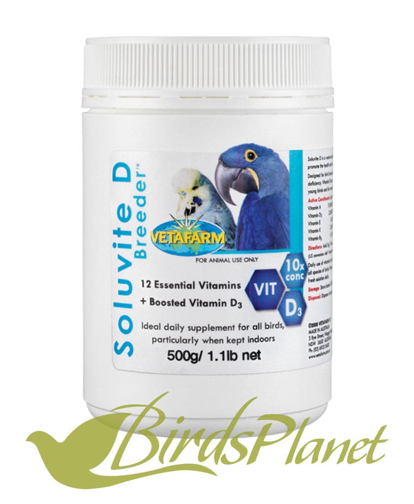 OSoluvite D Breeder (vitamin concentrate with increased D3) 

 Essential vitamins and minerals, fortified with Vitamin D3 to promote health and breeding of birds housed indoors

 D
