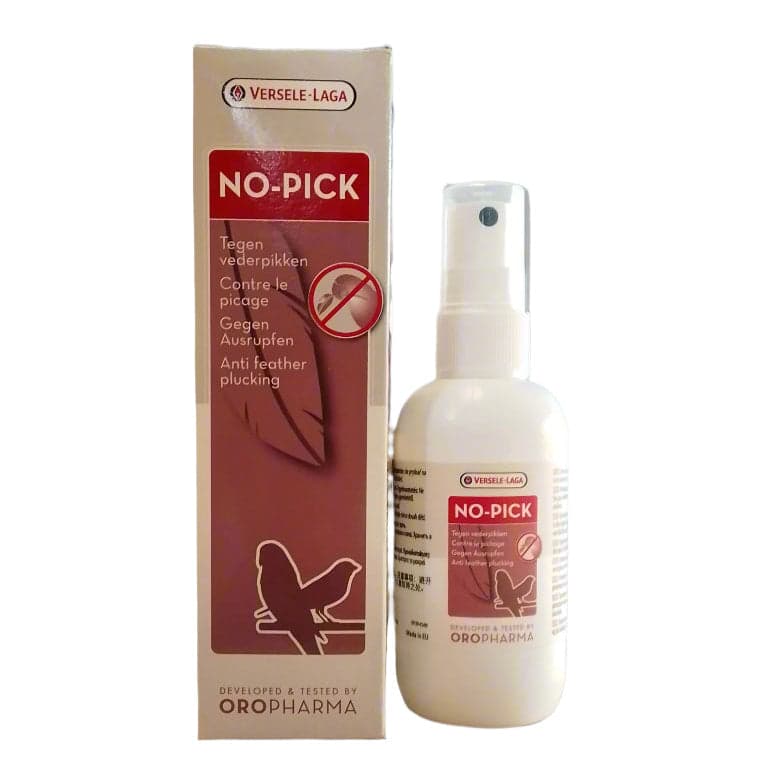 No Pick by Versele-Laga 

 No-Pick Anti Feather Plucking Spray

 Bitter taste liquid.

 Helps prevent feather plucking and self mutilation.

 Protects nestlings from feather plucki
