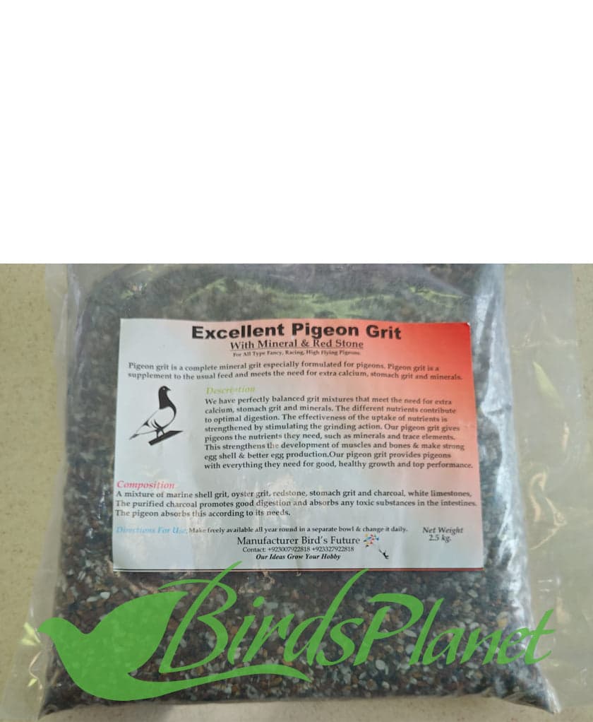 A qood quality grit containing oyster shell, red stone and limestone is important for all pigeons. Grit is good for digestion. Pigeons have gizzards, which is essentially the mecha
