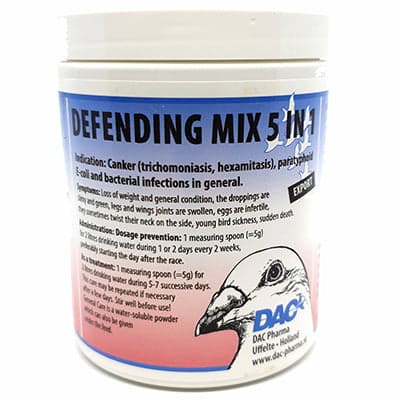 DEFENDING MIX 5 IN 1 

 Indication: Canker (trichomoniasis, hexamitiasis), paratyphoid.
E-coli and bacterial infections in general.

 Symptoms: Loss of weight and general condition