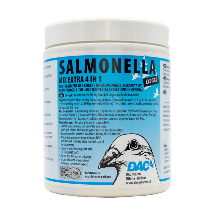 Salmonella Mix Extra 4 in 1 - Bacterial Infections - by DAC Container of 100 gram.

 Salmonella Mix Extra by DAC is treatment of canker (trichomoniasis, hexamitiasis), Paratyphoid