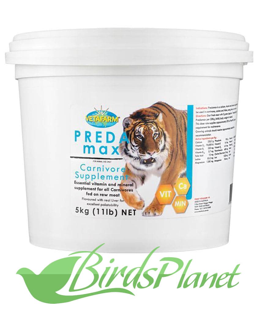 Predamax Vetafarm 

 Powdered calcium, vitamin and mineral supplement.
Product Description
Key Features:
Essential vitamins, minerals and calcium for animals fed on raw meat and ca