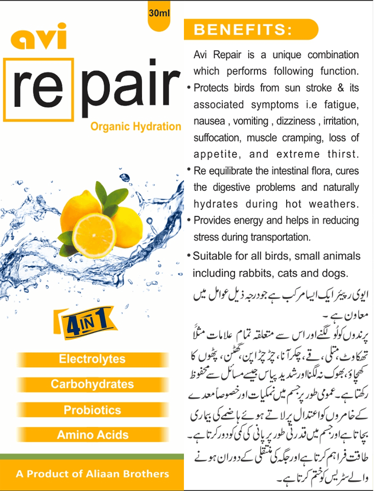 AVI Repair (Electrolyte)

 Avi Repair is a unique combination which performs following function. Protect birds from sun stroke and its associated symptoms i.e fatigue. nausea, vom