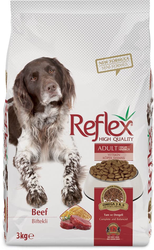 Reflex High Energy Adult Dog Food in Beef 

 Reflex High Energy Adult Dog, an especially formulated complete and

balanced premium dog food including beef meat protein to meet

th