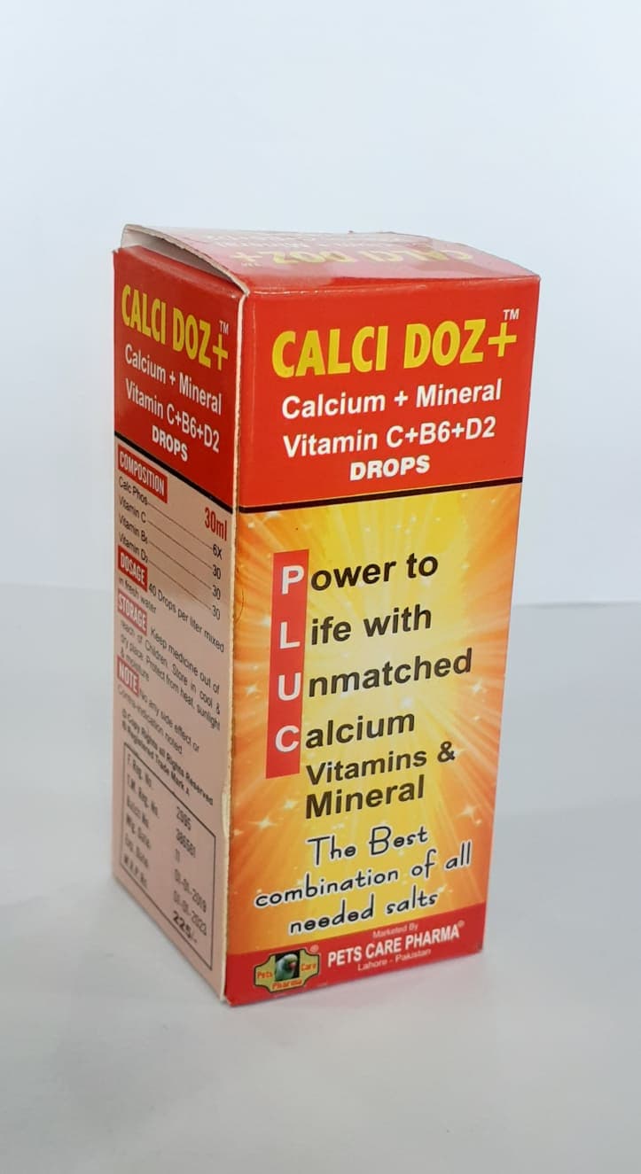 CALCI DOZ+ 

Calcium + Mineral Vitamins C + B6 + D2 Drops 

 Egg binding 

 osteoporosis 

 Red Shell 

 Dosage: 40 Drops per liter mixed in fresh water. 

 Storage: Keep medicine 