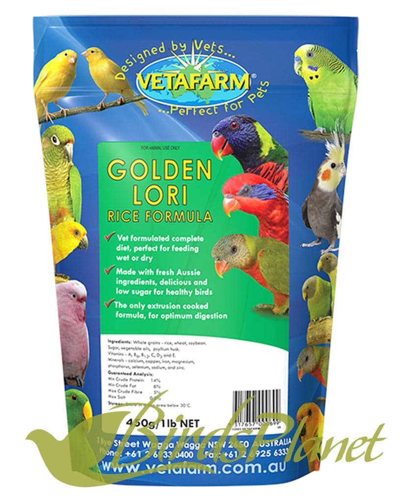 Golden Lori Rice Formula 

 Completely balanced, low sugar diet specifically designed to meet the particular dietary needs of pet and breeding Lori/Lorikeets.

 Recommended for: Ex