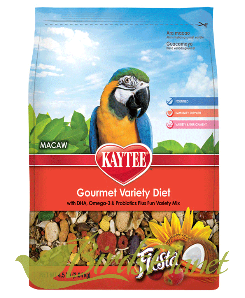 Kaytee Fiesta Gourmet Variety Diet Macaw 

 Kaytee Fiesta Macaw Bird Food is a fortified, seed-based gourmet pet bird food that offers a wide variety of ingredients not available i