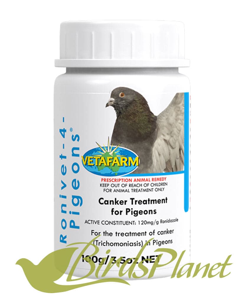 Ronivet 4 Pigeons (Canker Treatment for Pigeons) 

 Ingredients: Ronidazole 

 Guaranteed Analysis: Ronidazole 120mg/g (12%) 

 Directions: 4 grams per 8 Litres of drinking water f