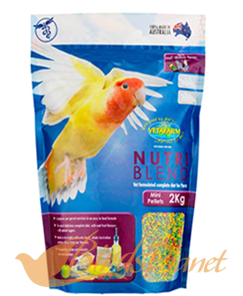 Nutriblend Pellets Mini 
 Complete Parrot Nutrition - available in 3 sizes, Mini, Small and Large to suit all birds.
Completely balanced, multi-coloured extruded pellet diet design