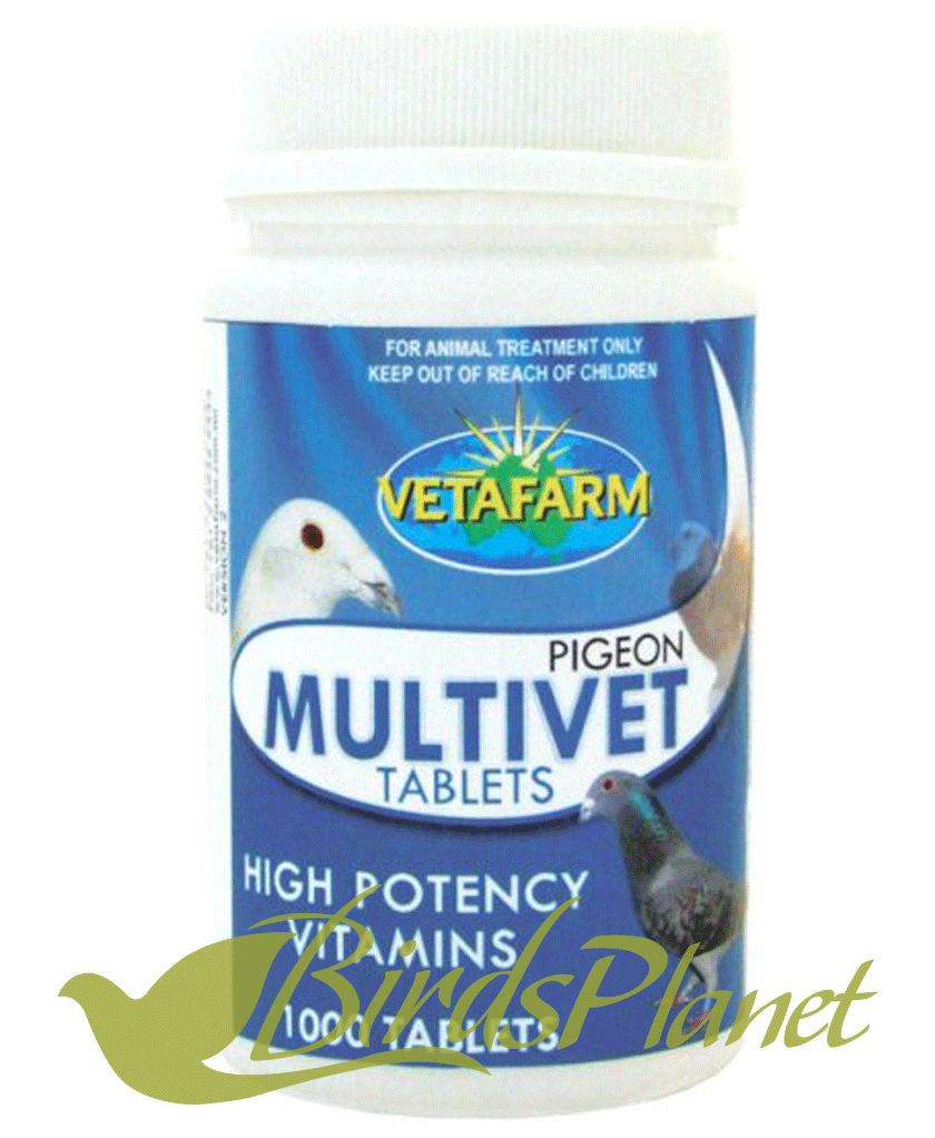 Pigeon Multivet Tablets 

 Tablets providing high potency vitamins and iodine.

 Recommended for: Pigeons to ensure health and vigour.

 Key features: Contains 13 essential vitamin