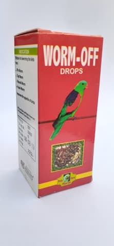 Worm Off 

 Effective for Deworming The Birds from

 Pin worm

 Tap worm

 Huck worm

 Thread worm

 round worm

 improves the appetite of birds