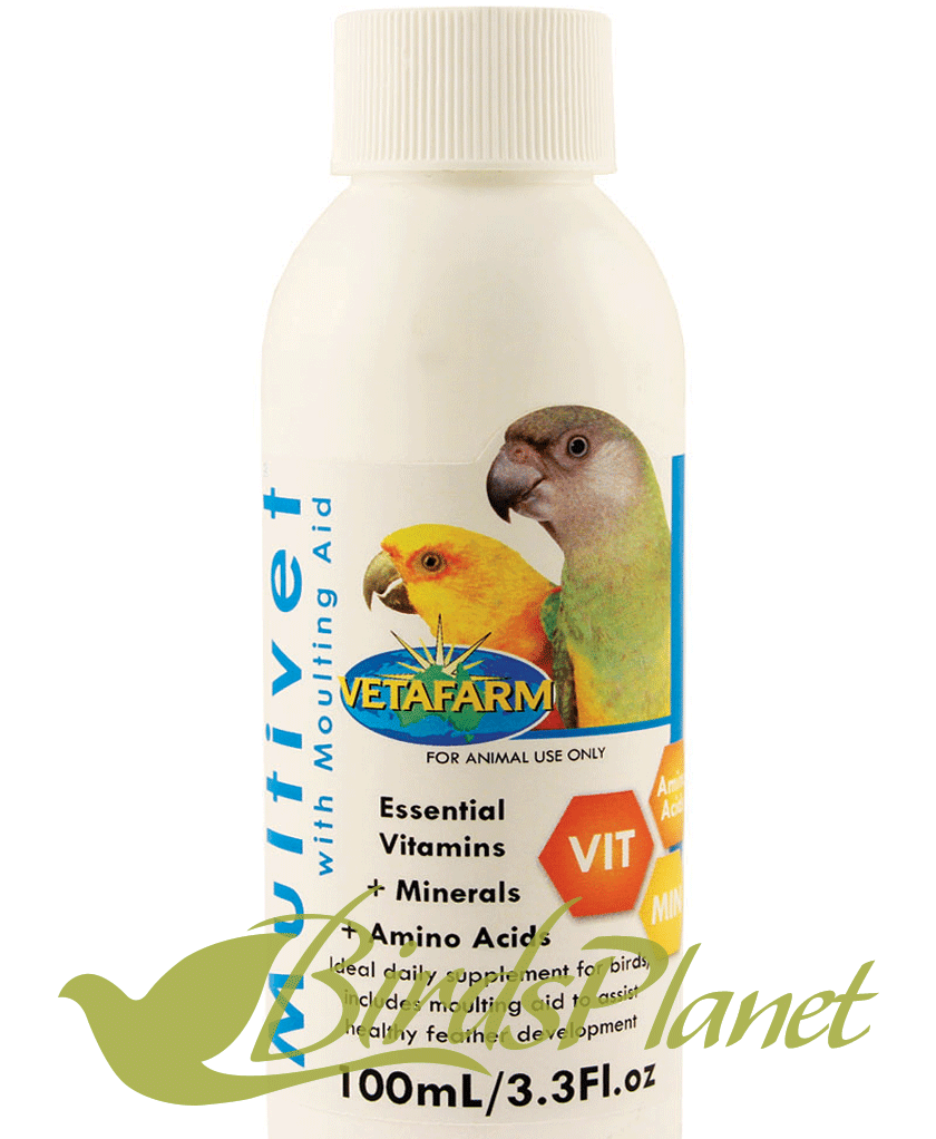 MultiVet with Moulting Aid 

 Essential Vitamins + Minerals + Amino Acids

 Ideal daily supplement for birds includes molting aid to assist in healthy feathers development.

 Multi