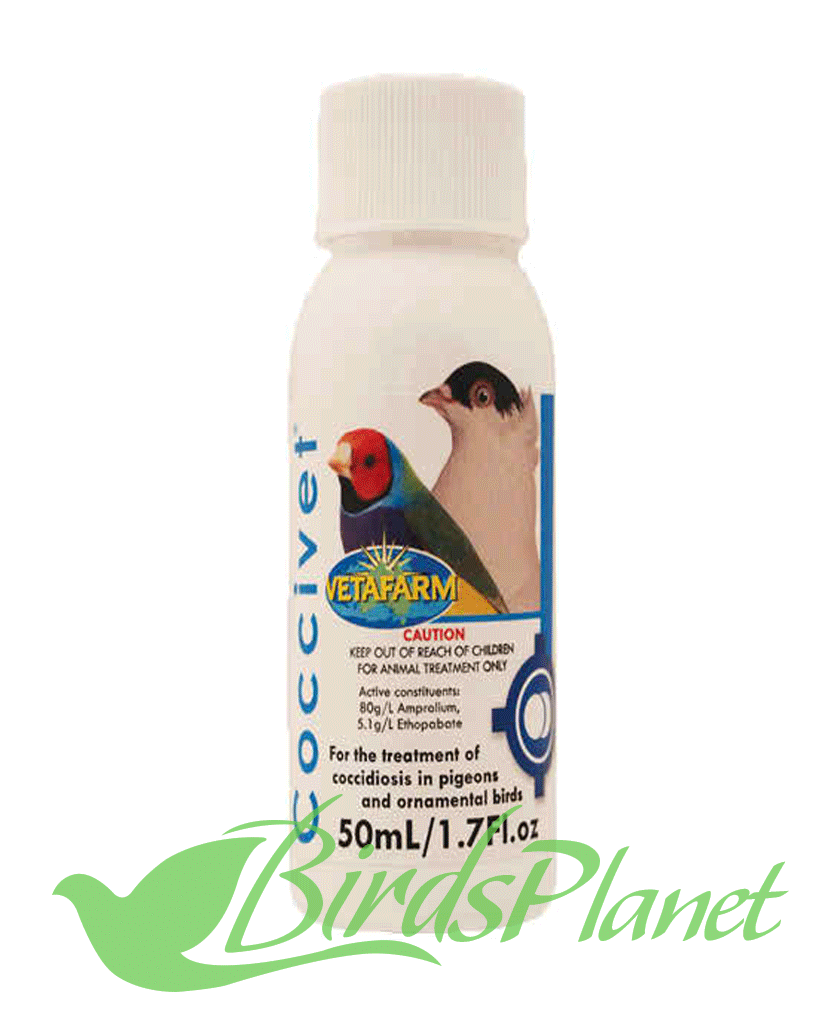 Coccivet (Treatment of coccidiosis) 

 Liquid Coccidiosis treatment for use in water.

 Recommended for: Treatment of Coccidiosis in pigeons and ornamental birds.

 Can Be Used Wit