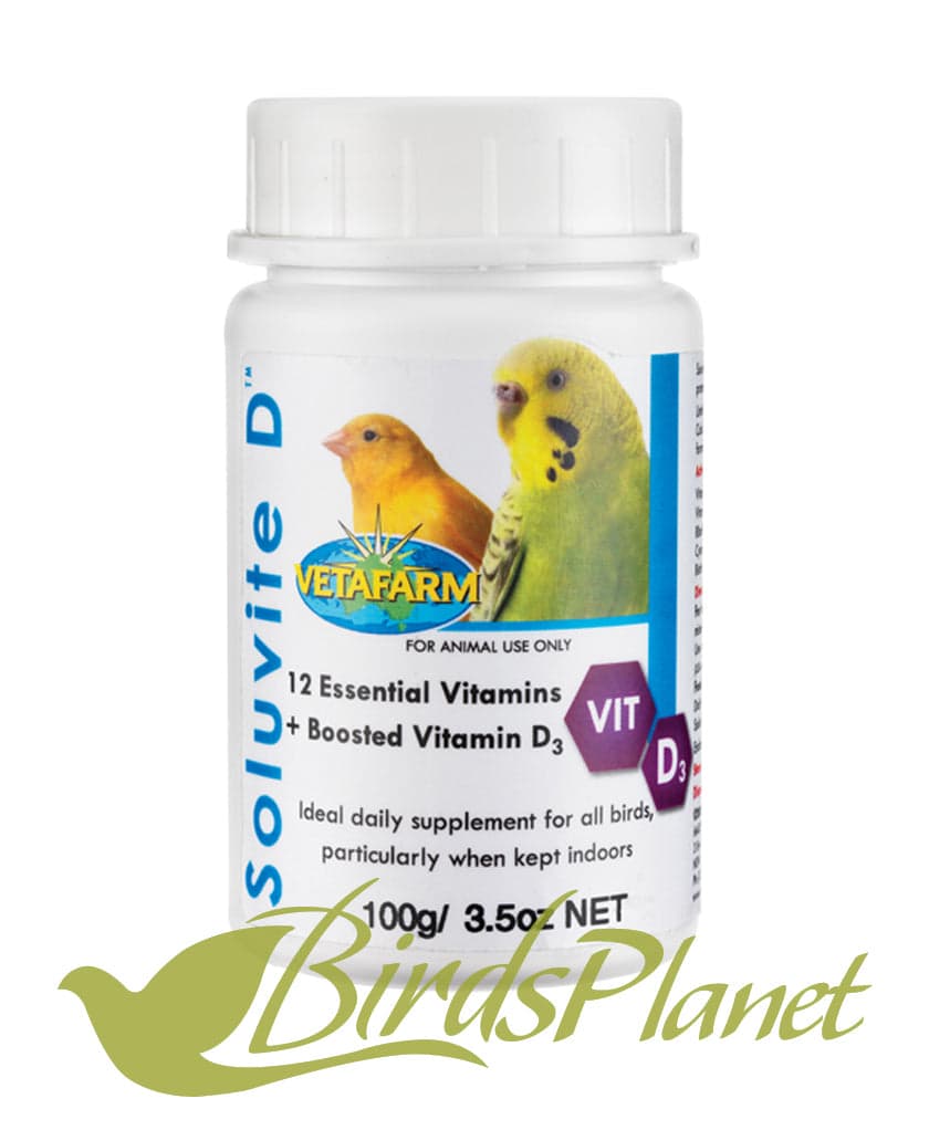 Soluvite D (vitamin supplement with increased D3) 

 Powdered vitamin supplement with increased D3 for use in water or added to foods.

 Recommended for: All birds on seed diets, p