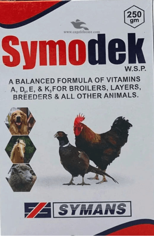 Symodek (Adek) Vitamins

 Water Soluable Powdder

 A Balanced formula of Vitamins A, D3, E & K3 for all breeders and other animals

 Packing Size : 250 grm & 20g