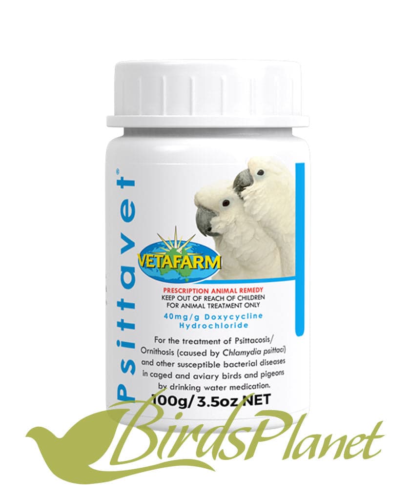Vetafarm Psittavet is for the treatment of psittacosis/ornithosis (caused by chlamydia psittaci and other susceptible bacterial diseases in caged and aviary birds and pigeons by dr