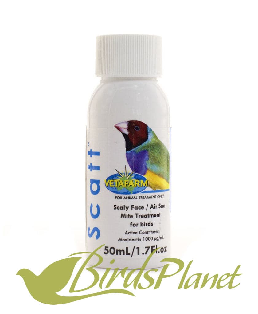 Scatt (Treatment for scaly face and air sac mite) 

 Key Features: 
Scaly Face mite and Air Sac mite are common infections in ornamental birds such as budgerigars, finches and cana