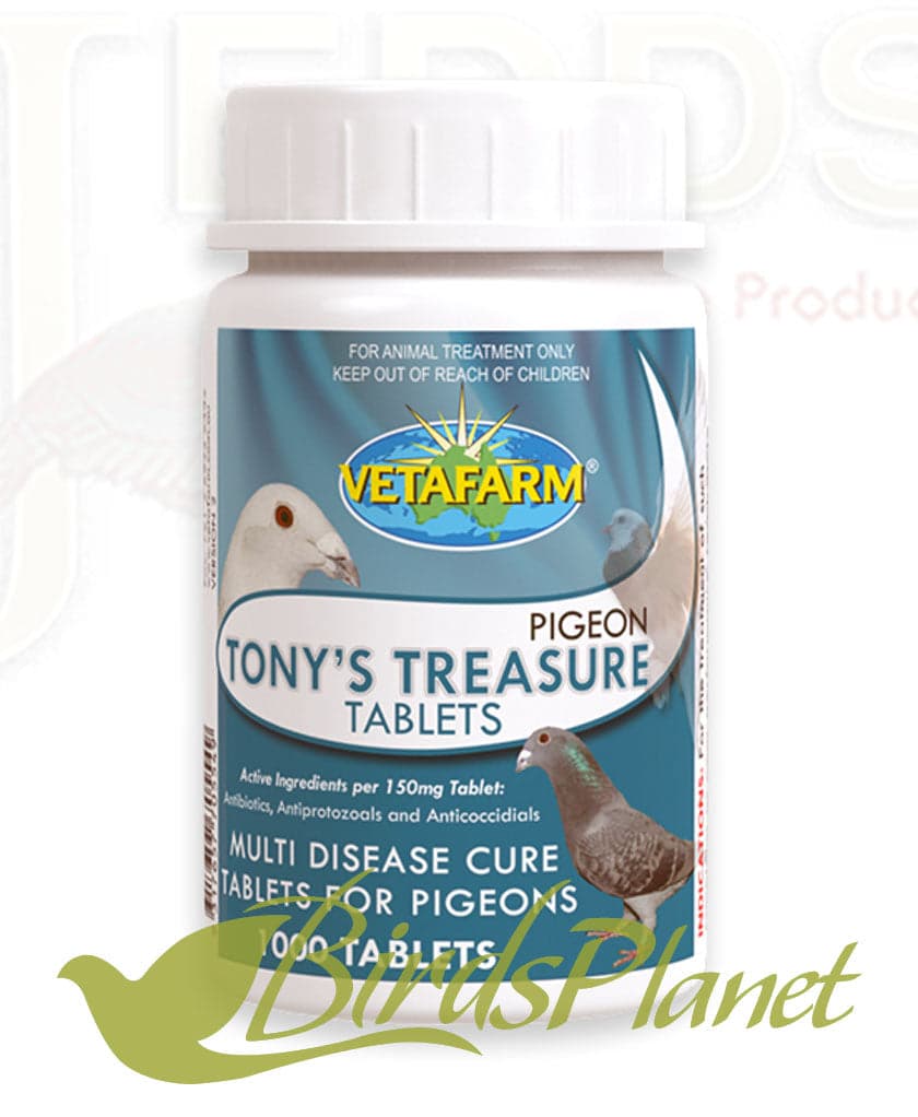 Tony Treasure Tabs 

 For the treatment of such symptoms as poor performance, respiratory distress, canker, sinusitis, air sacculitis, enteritis, diarrhoea and weight loss. 

 Tony