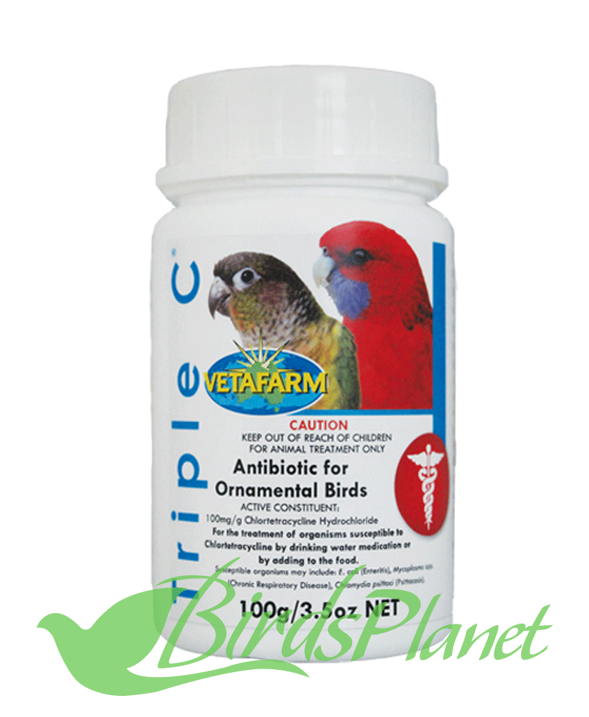 Triple C (broad spectrum antibiotic) 

 Triple C is a broad-spectrum antibiotic powder for use in ornamental birds for bacterial infections including E.coli (Enteritis), Mycoplasma