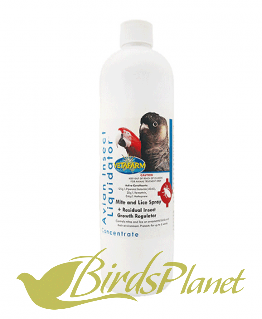 Vetafarm Avian Insect Liquidator (A.I.L) Concentrate 

 Concentrate Insecticide for ornamental caged birds
Controls mites and lice on ornamental birds and their environment. Protec
