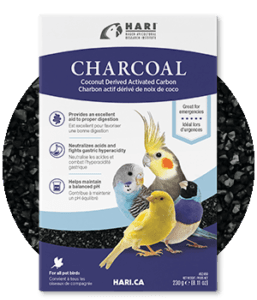 Hagen Bird Charcoal B2459 

 Hagen® Bird Charcoal acts as a digestive aid that combats hyperacidity in the stomach and crop. It also sweetens the stomach. Specially ground for cage