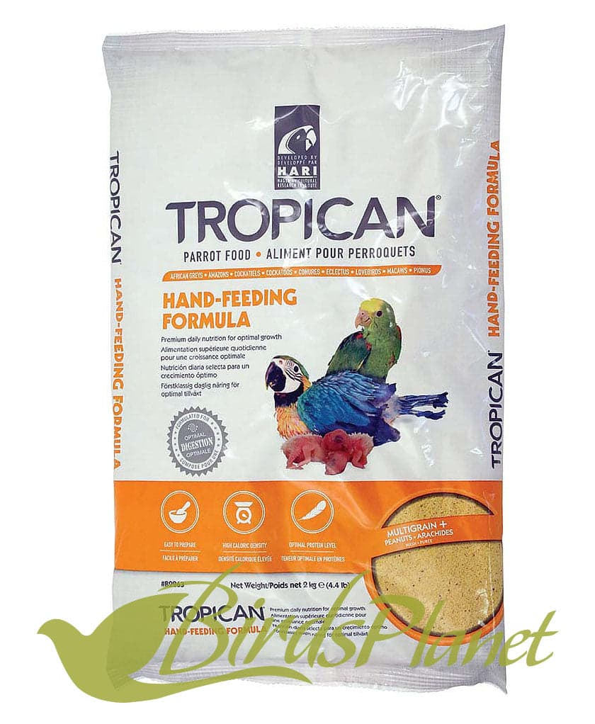 Tropican Hand-Feeding Formula 

 Tropican Hand-Feeding Formula provides proper daily nutrition for baby parrots up to fledgling, a critical age of a parrot's life. Finely ground-up